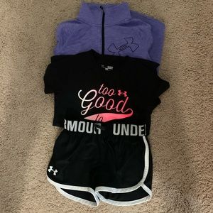 Purple UA 3/4 zip jacket UA black shirt and shorts